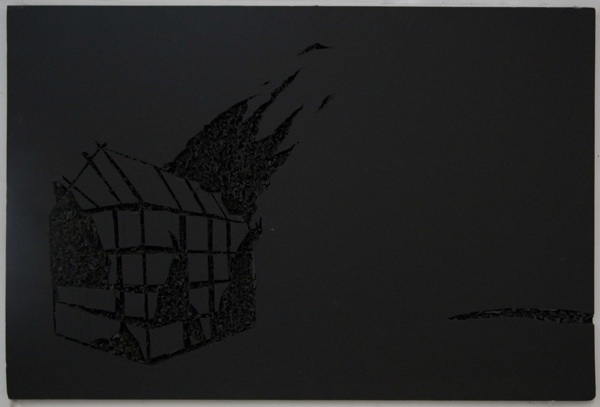 sky Aaron Mette, INVOCATION TO SGT BLAZEKIRK OF THE NORTHERN SKY, carving on blackened foamcore. 20 x 30 inches. - 2009